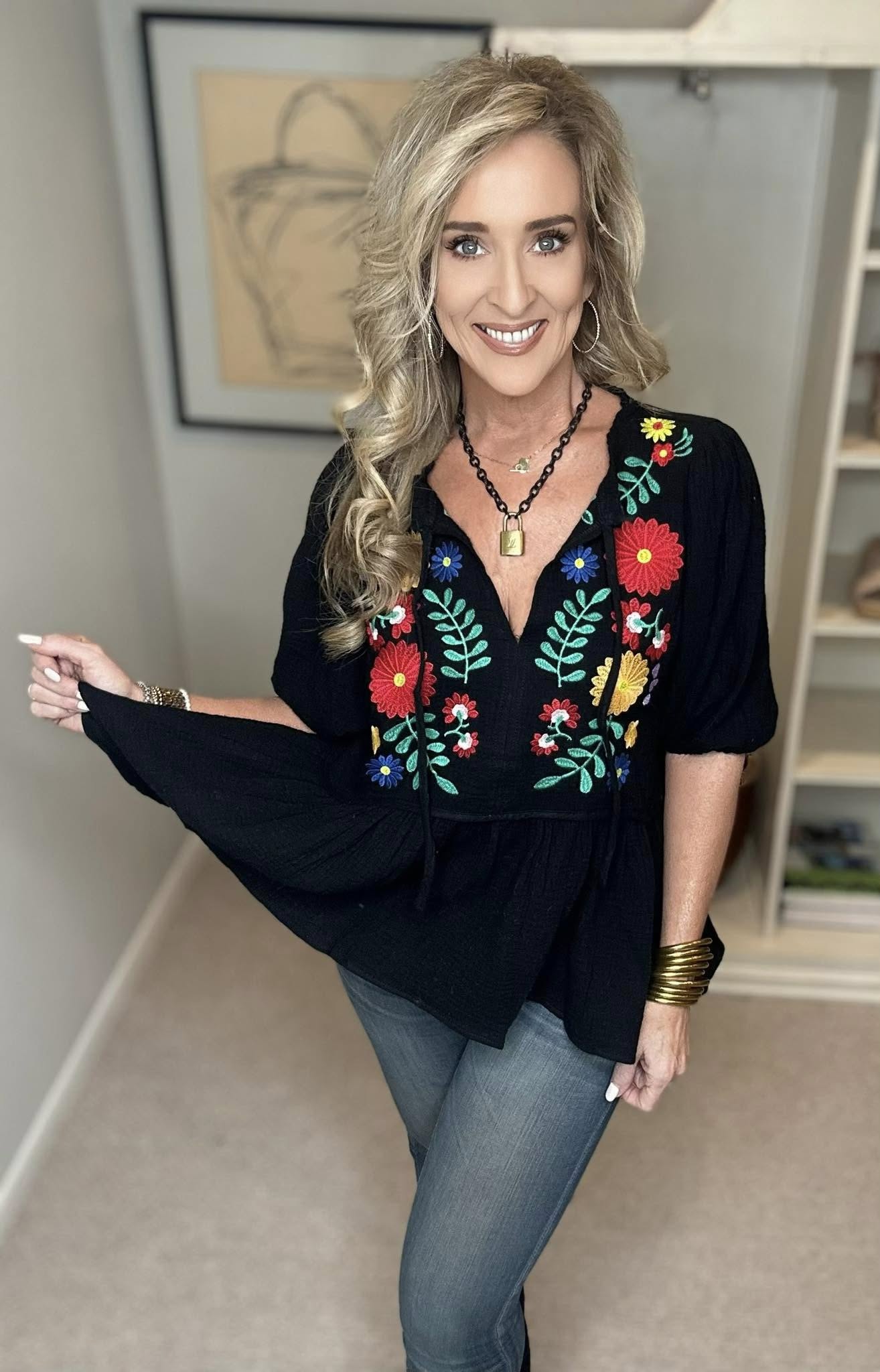 Cotton Gauze Floral Embroidery Babydoll Blouse Plus Size