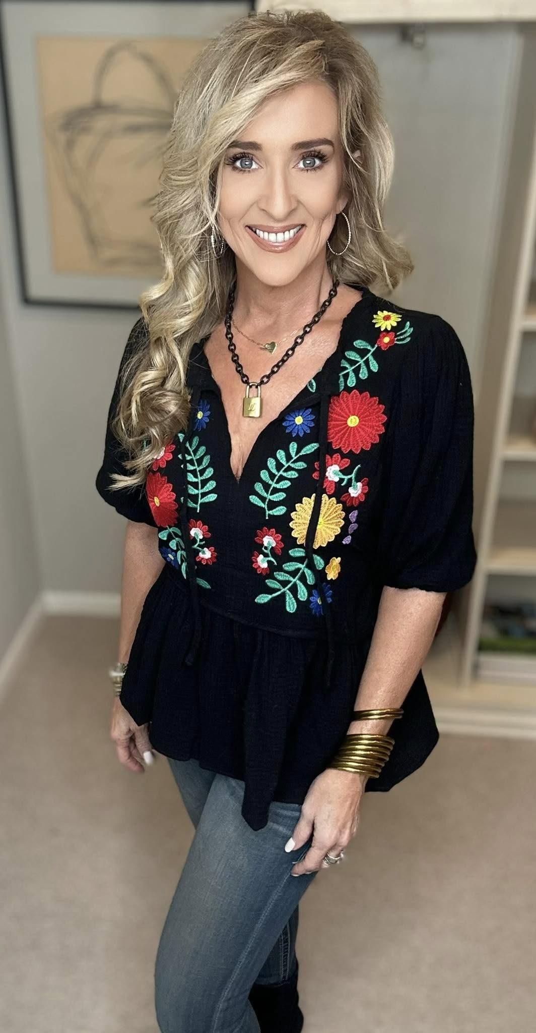 Cotton Gauze Floral Embroidery Babydoll Blouse Plus Size