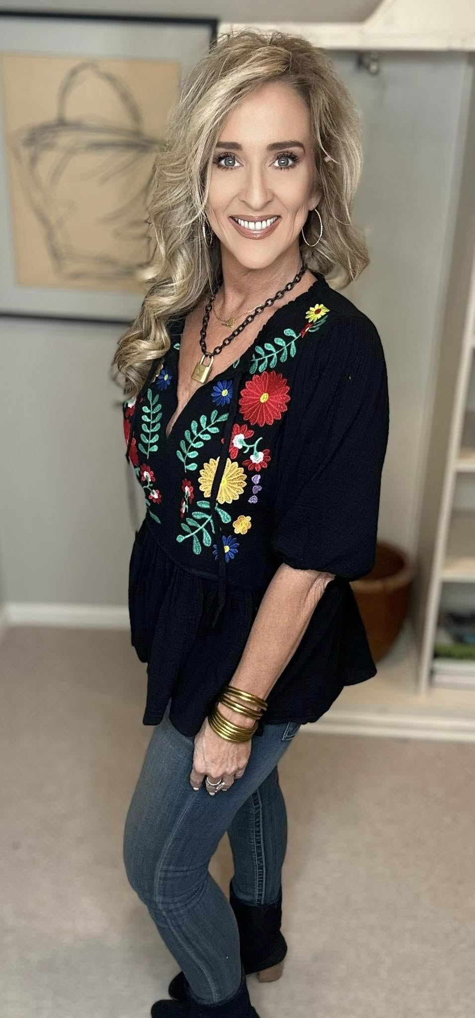 Cotton Gauze Floral Embroidery Babydoll Blouse Plus Size