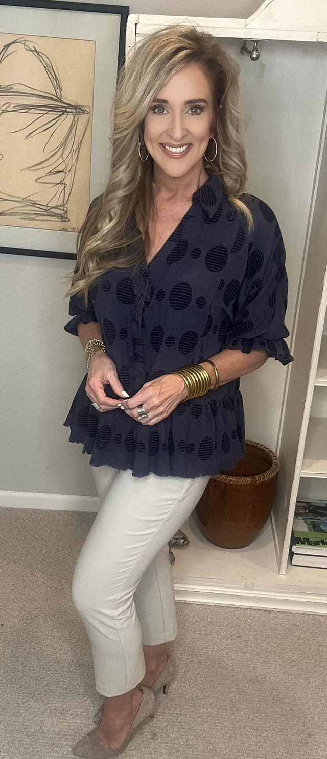 Umgee Full Size Swiss Dot Half Button Flounce Sleeve Blouse Plus Size