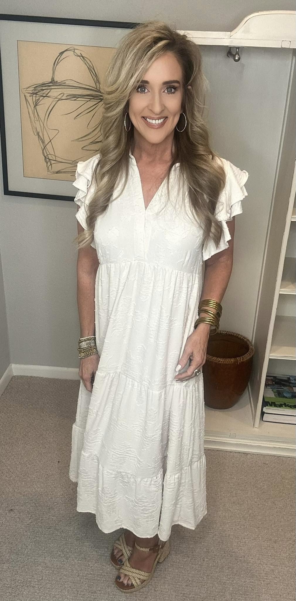 Tiered Floral Burnout Ruffle Sleeve Midi Dress Plus Size