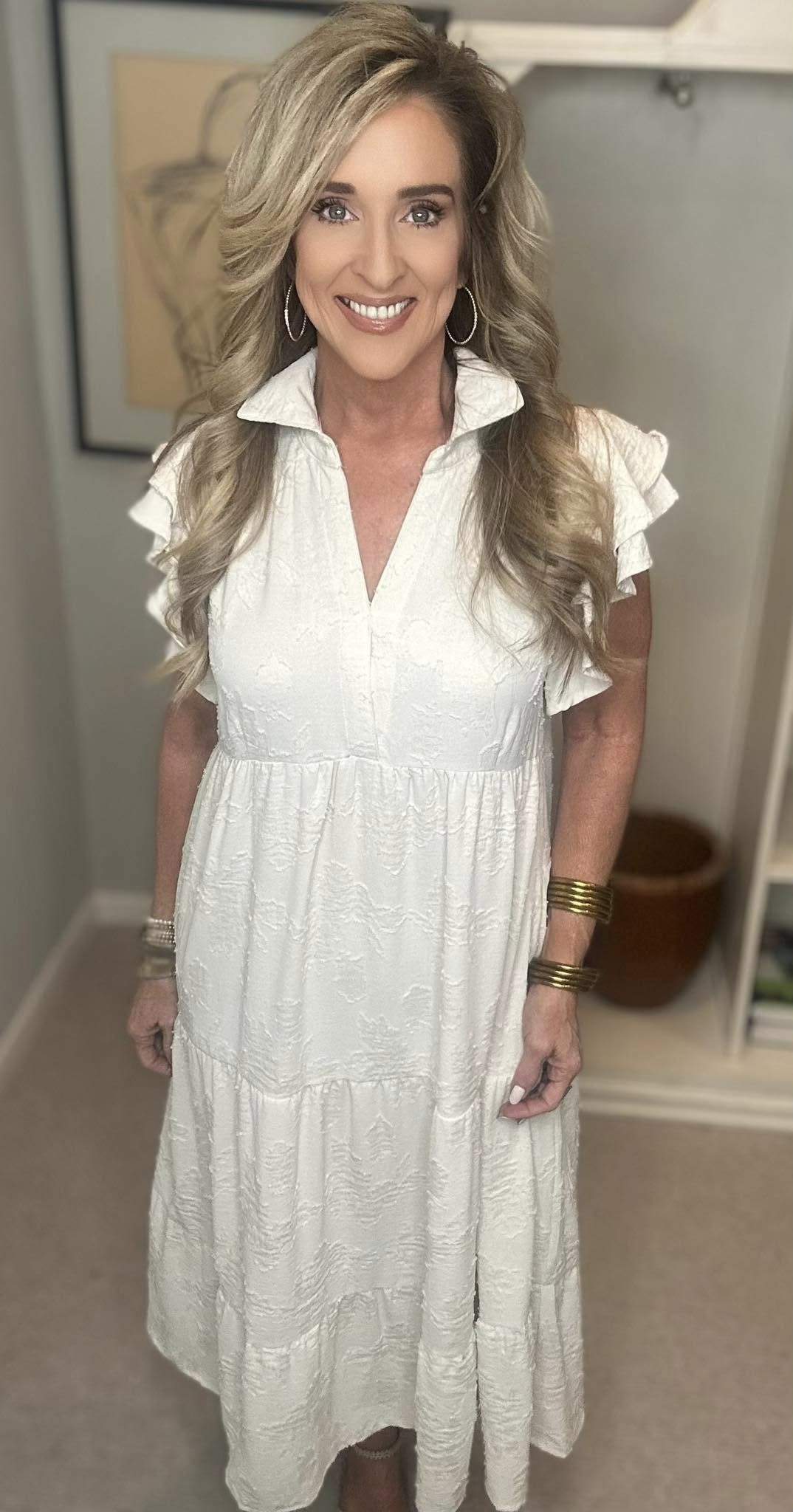 Tiered Floral Burnout Ruffle Sleeve Midi Dress Plus Size