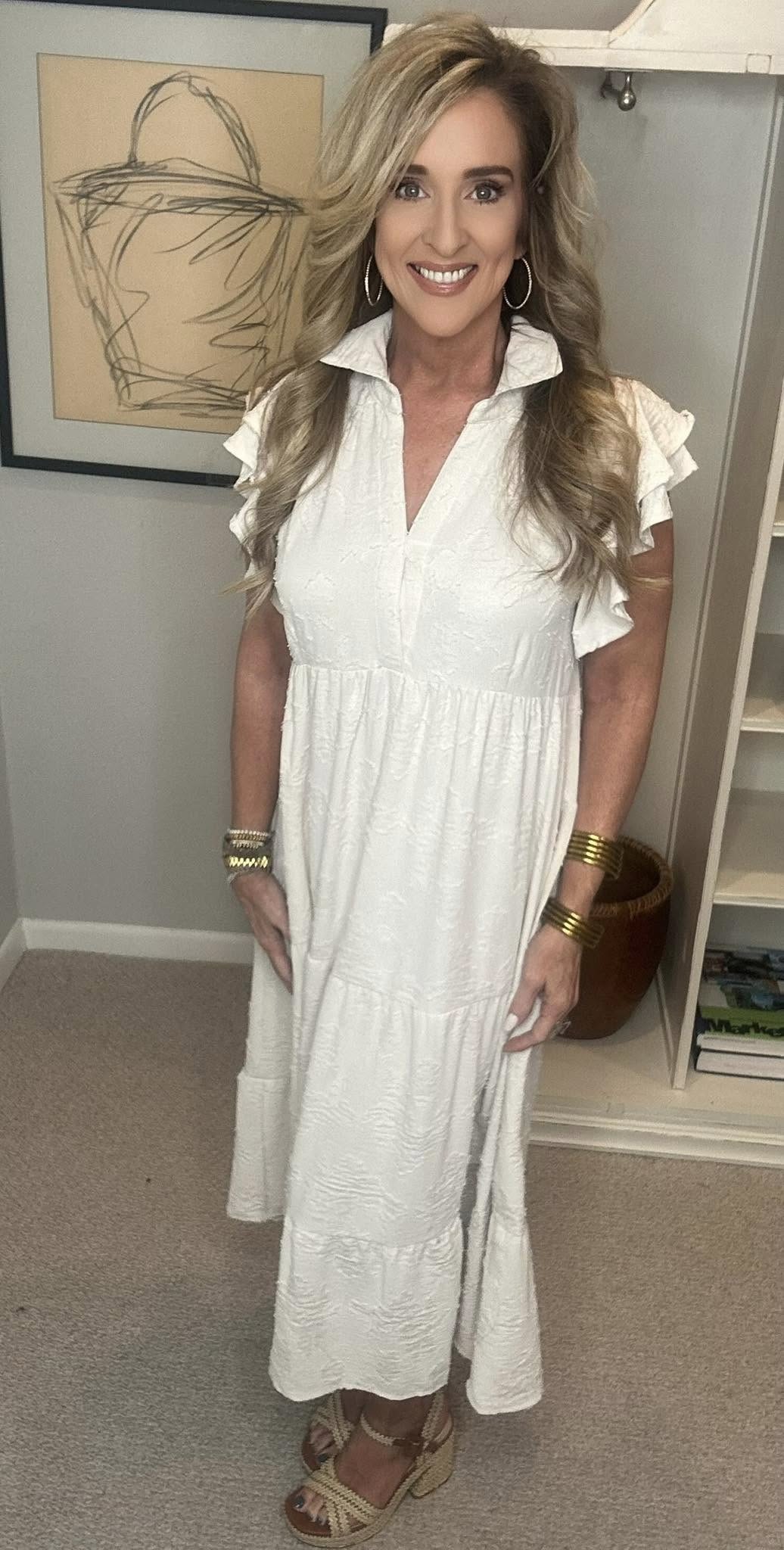 Tiered Floral Burnout Ruffle Sleeve Midi Dress Plus Size