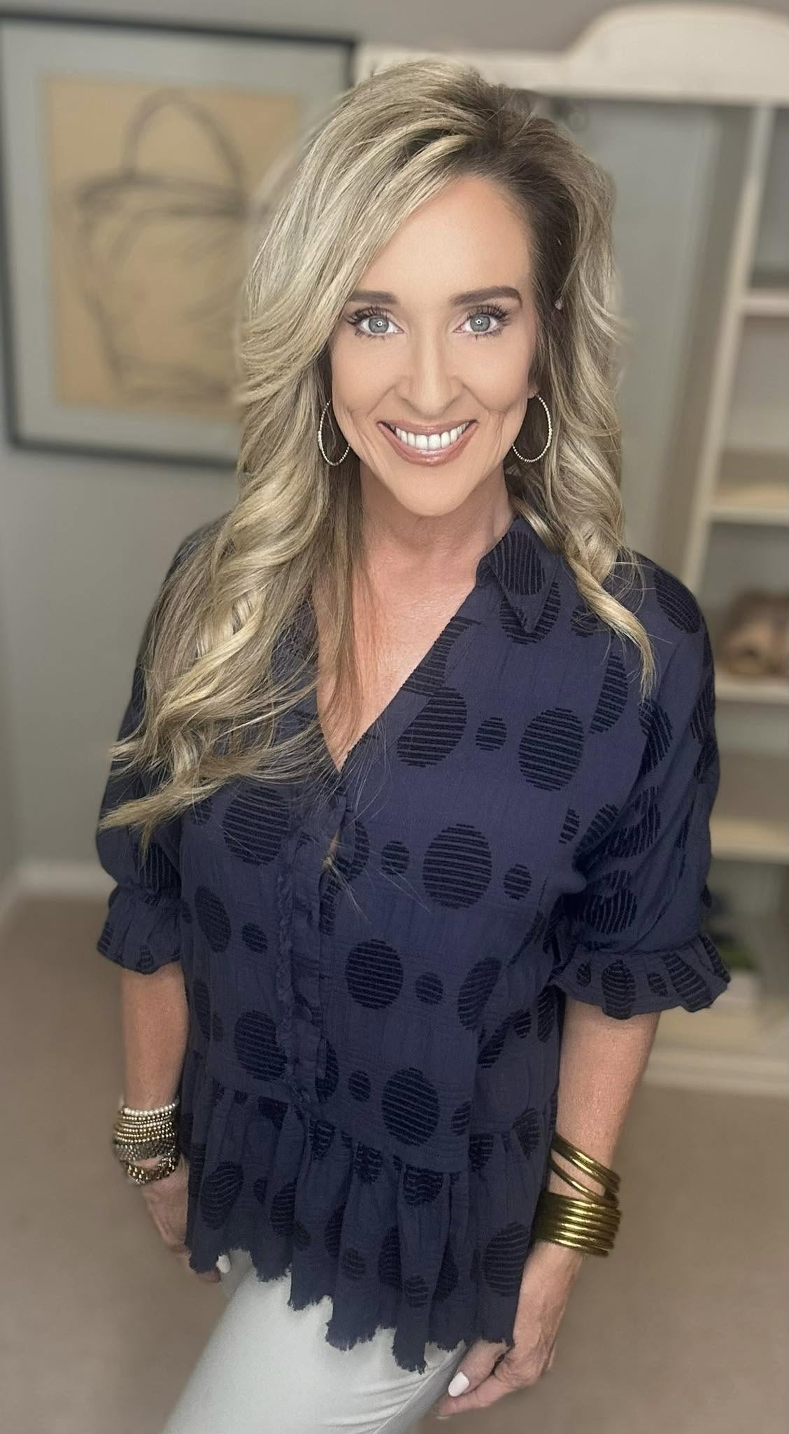 Umgee Full Size Swiss Dot Half Button Flounce Sleeve Blouse Plus Size