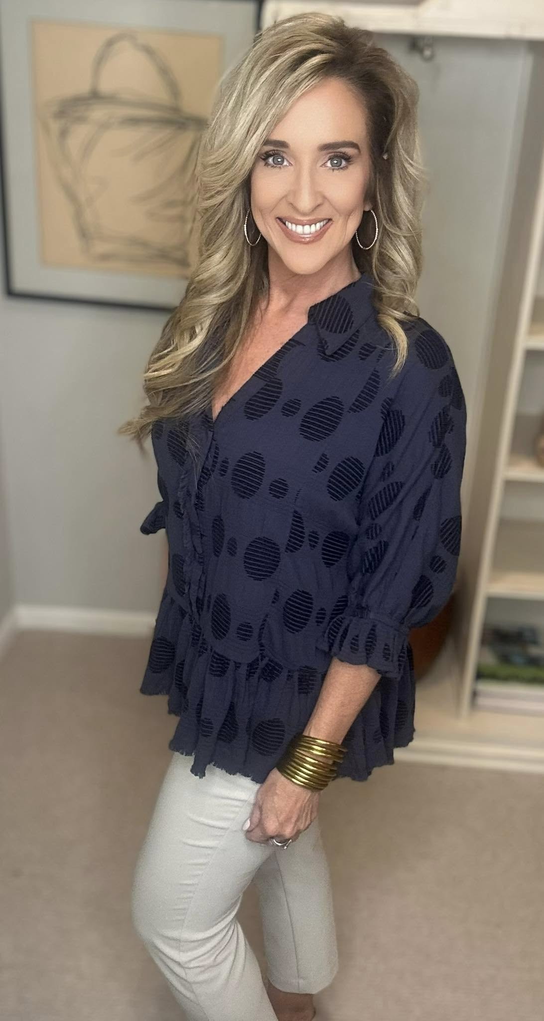 Umgee Full Size Swiss Dot Half Button Flounce Sleeve Blouse Plus Size