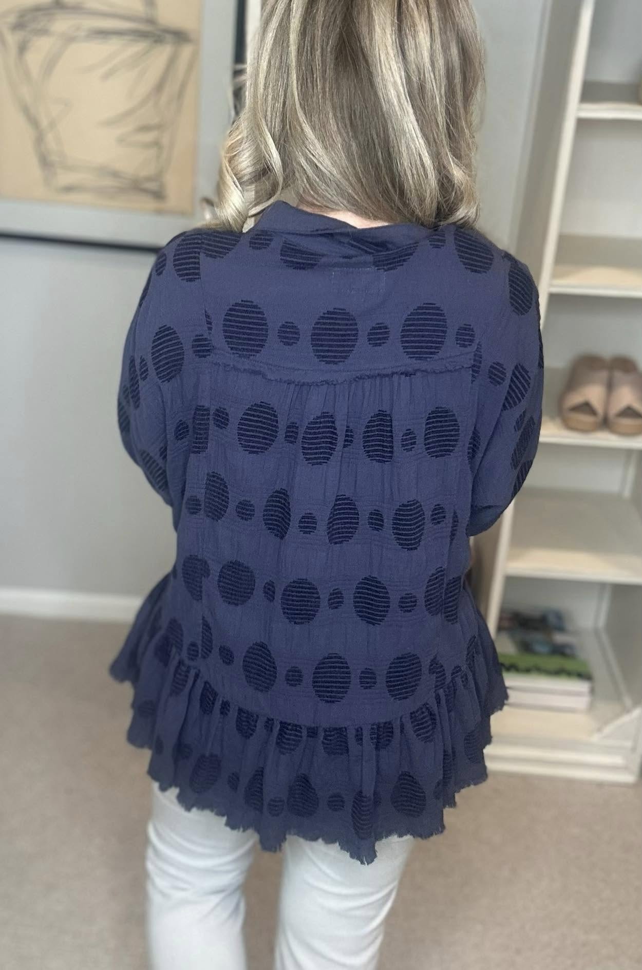 Umgee Full Size Swiss Dot Half Button Flounce Sleeve Blouse Plus Size