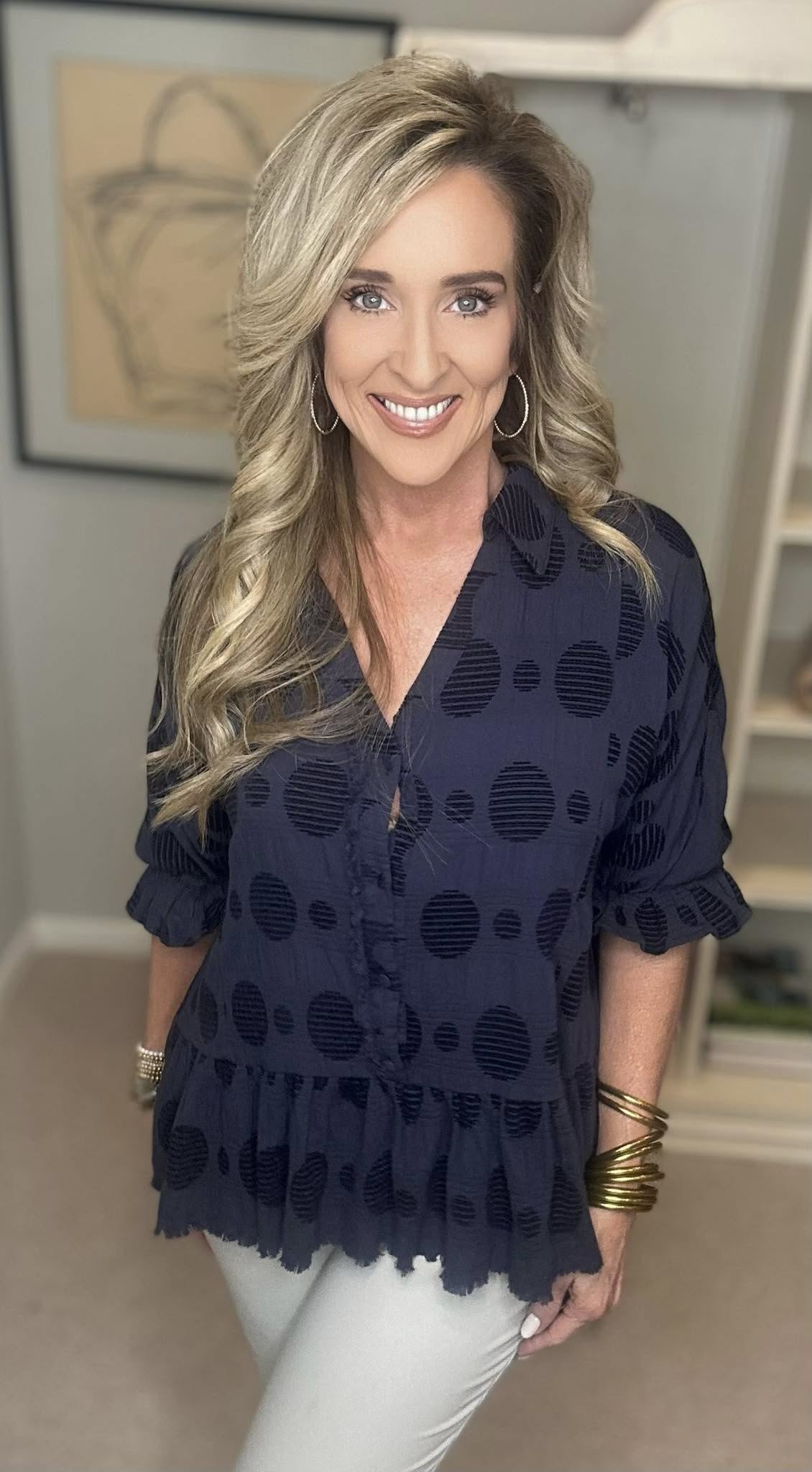 Umgee Full Size Swiss Dot Half Button Flounce Sleeve Blouse Plus Size