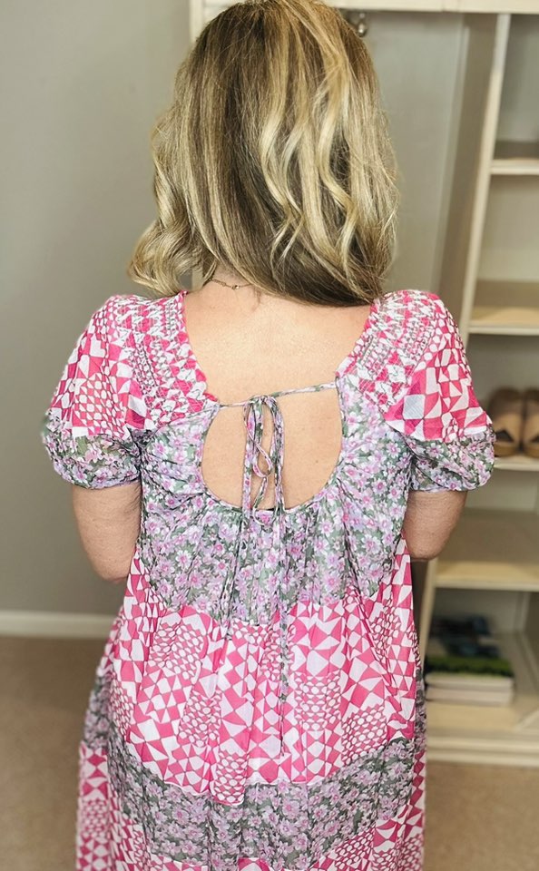 Multi Floral Square Neck Puff Sleeve Maxi Dress