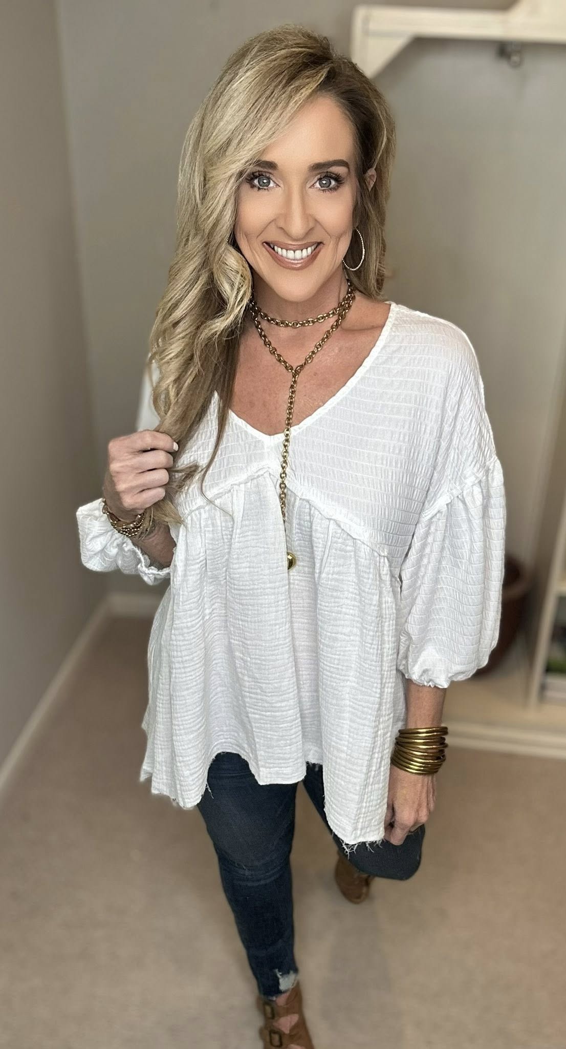 High-Low Frayed Hem V-Neck Blouse