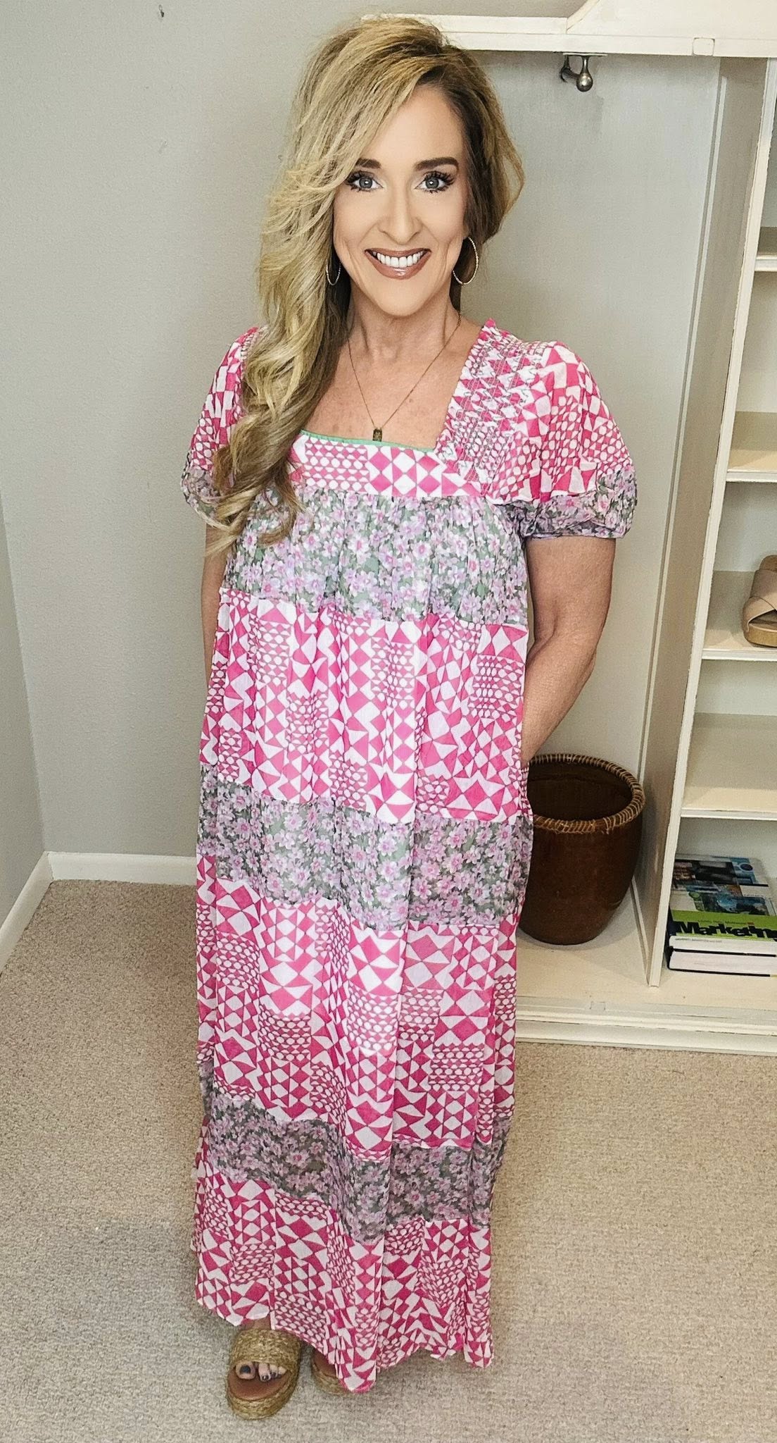 Multi Floral Square Neck Puff Sleeve Maxi Dress