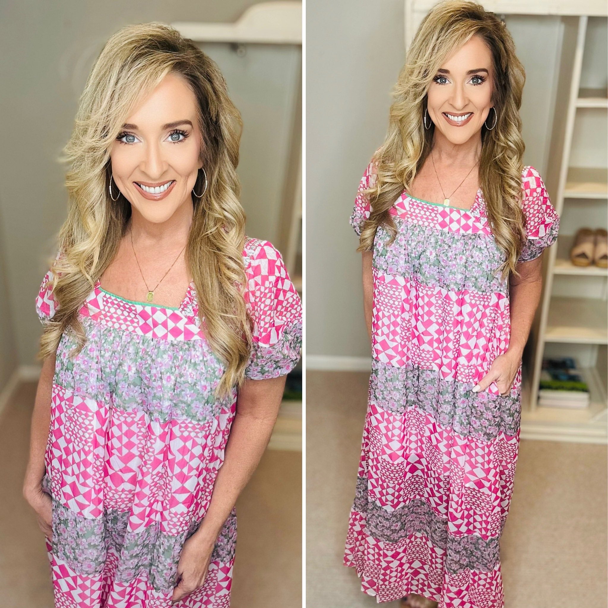 Multi Floral Square Neck Puff Sleeve Maxi Dress