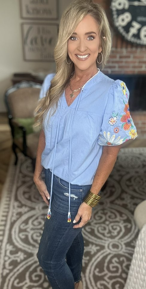 Embroidered Tie Neck Short Sleeve Blouse