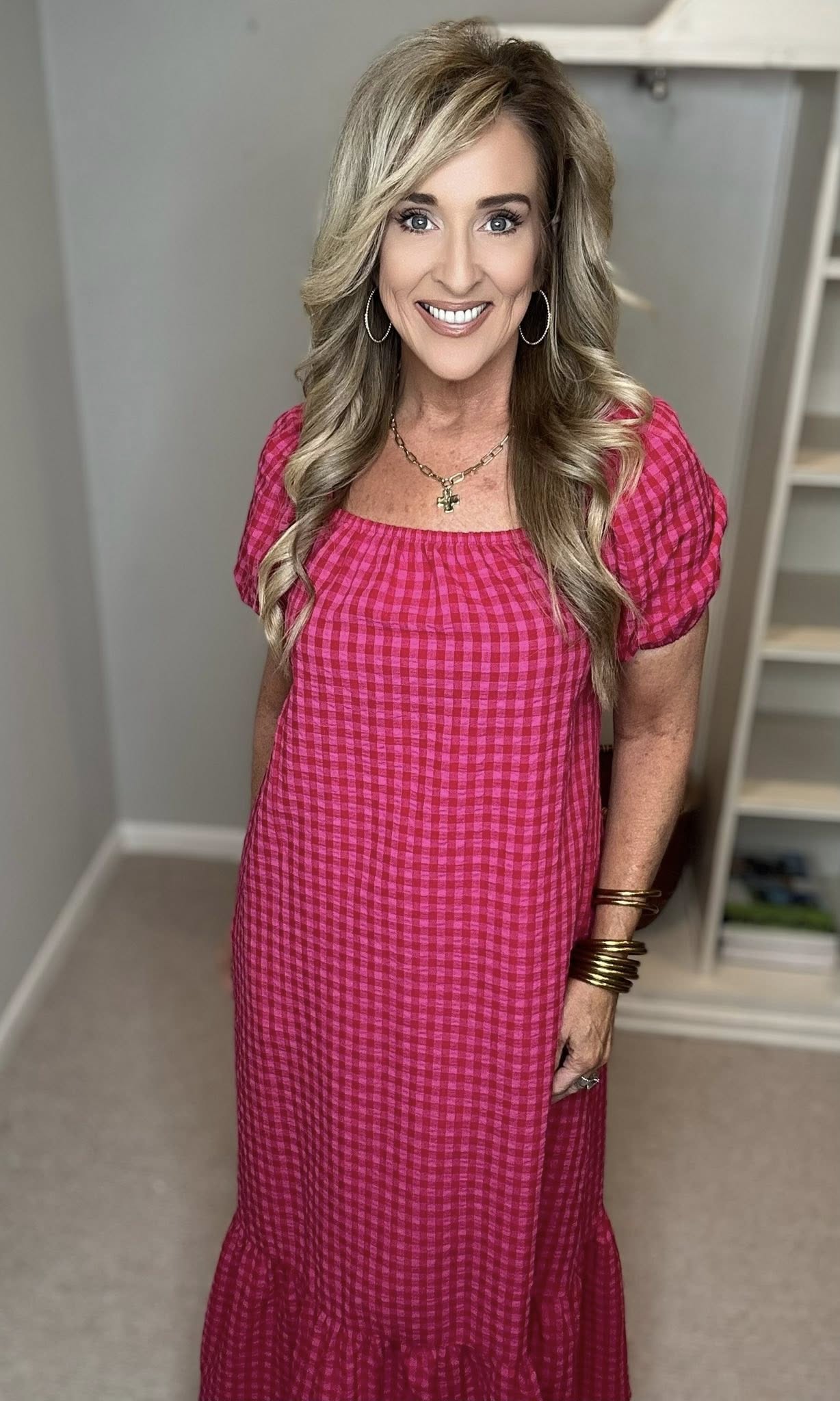 Gingham Check Bubble Sleeve Ruffled Maxi Dress