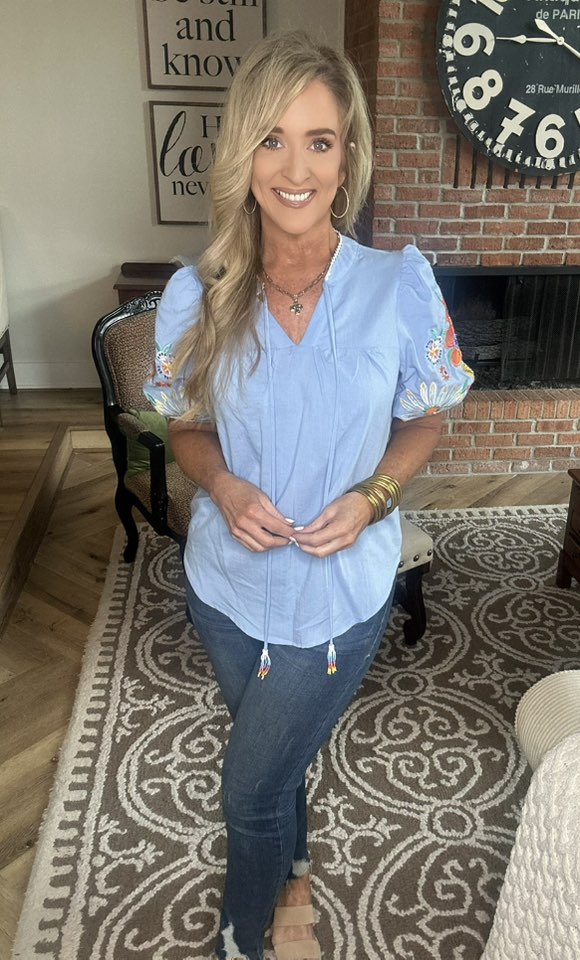 Embroidered Tie Neck Short Sleeve Blouse