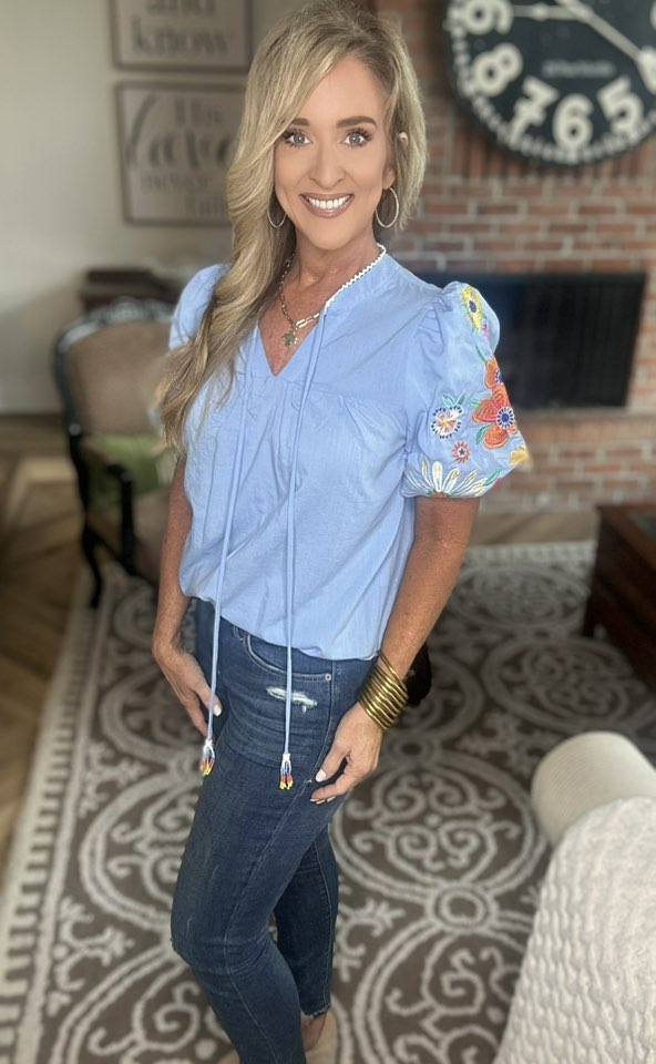 Embroidered Tie Neck Short Sleeve Blouse