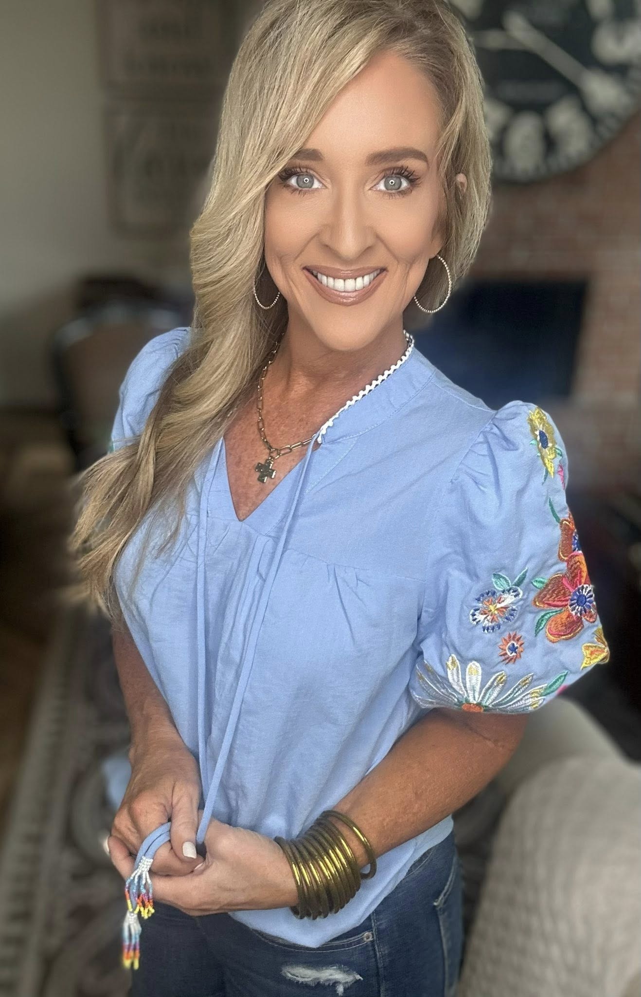 Embroidered Tie Neck Short Sleeve Blouse