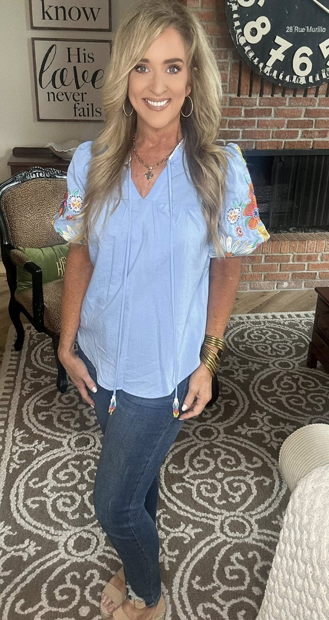 Embroidered Tie Neck Short Sleeve Blouse