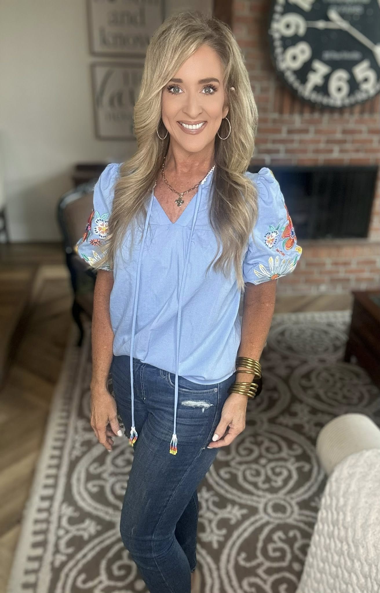 Embroidered Tie Neck Short Sleeve Blouse
