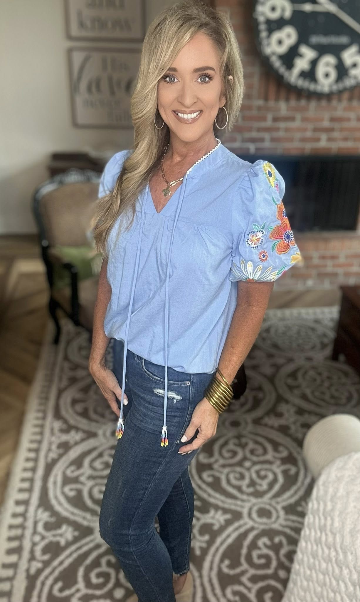 Embroidered Tie Neck Short Sleeve Blouse
