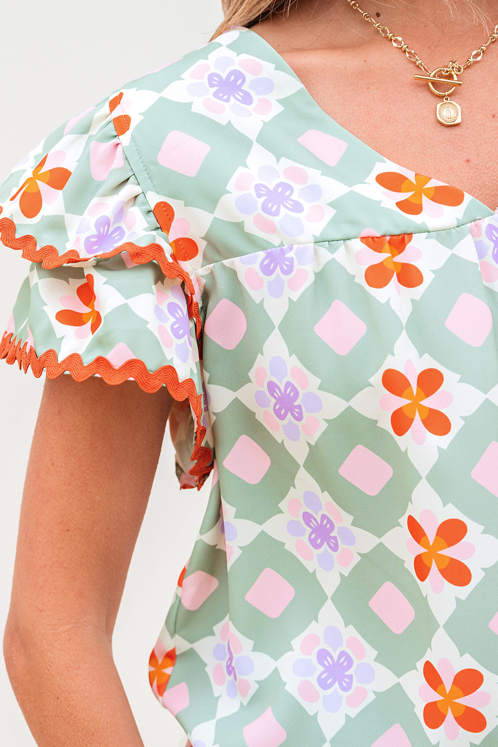 Belen Floral Layered Flutter Sleeve Rac Trim Blouse