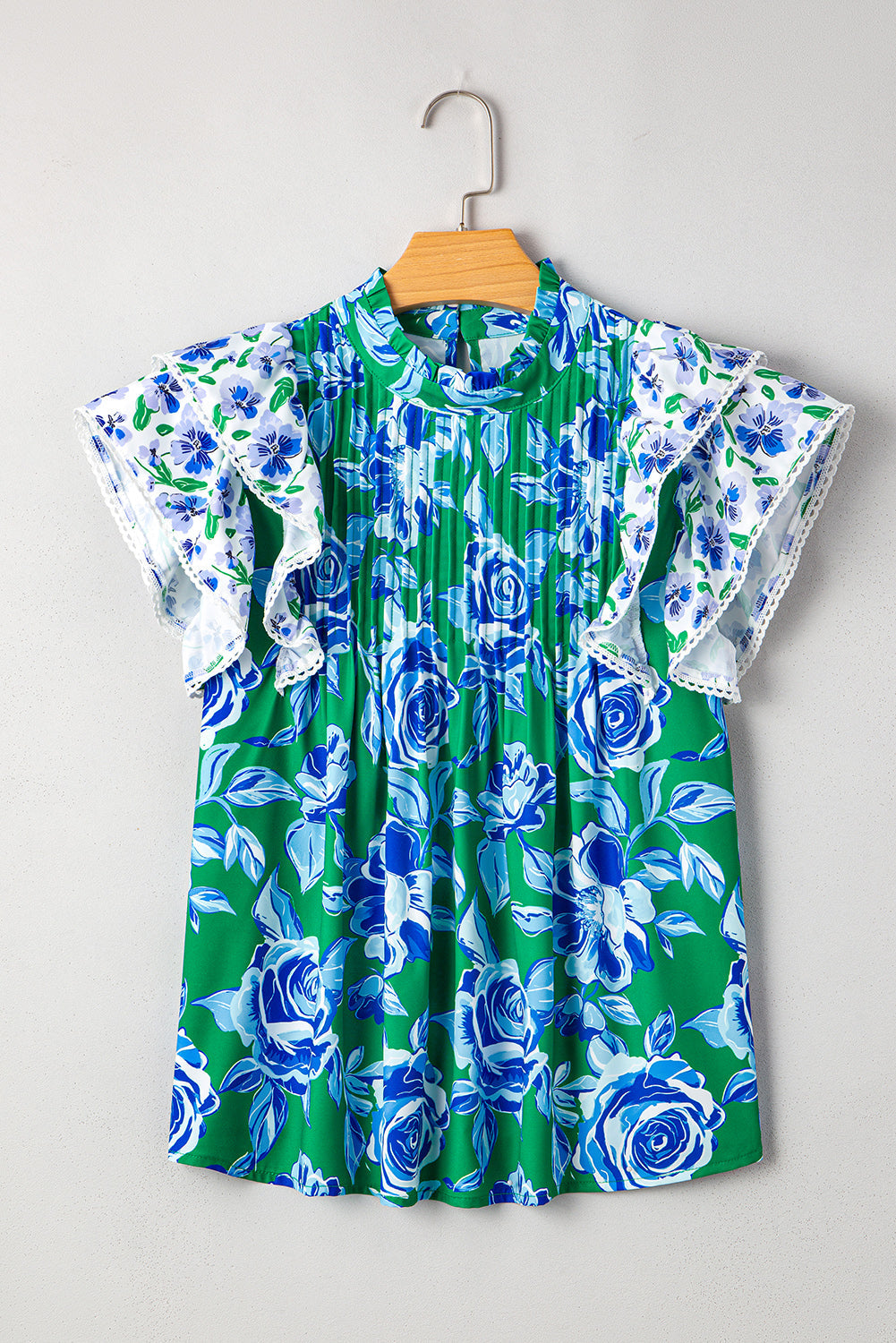 Elsa Floral Lace Trim Ruffle Sleeve Pleated Loose Blouse