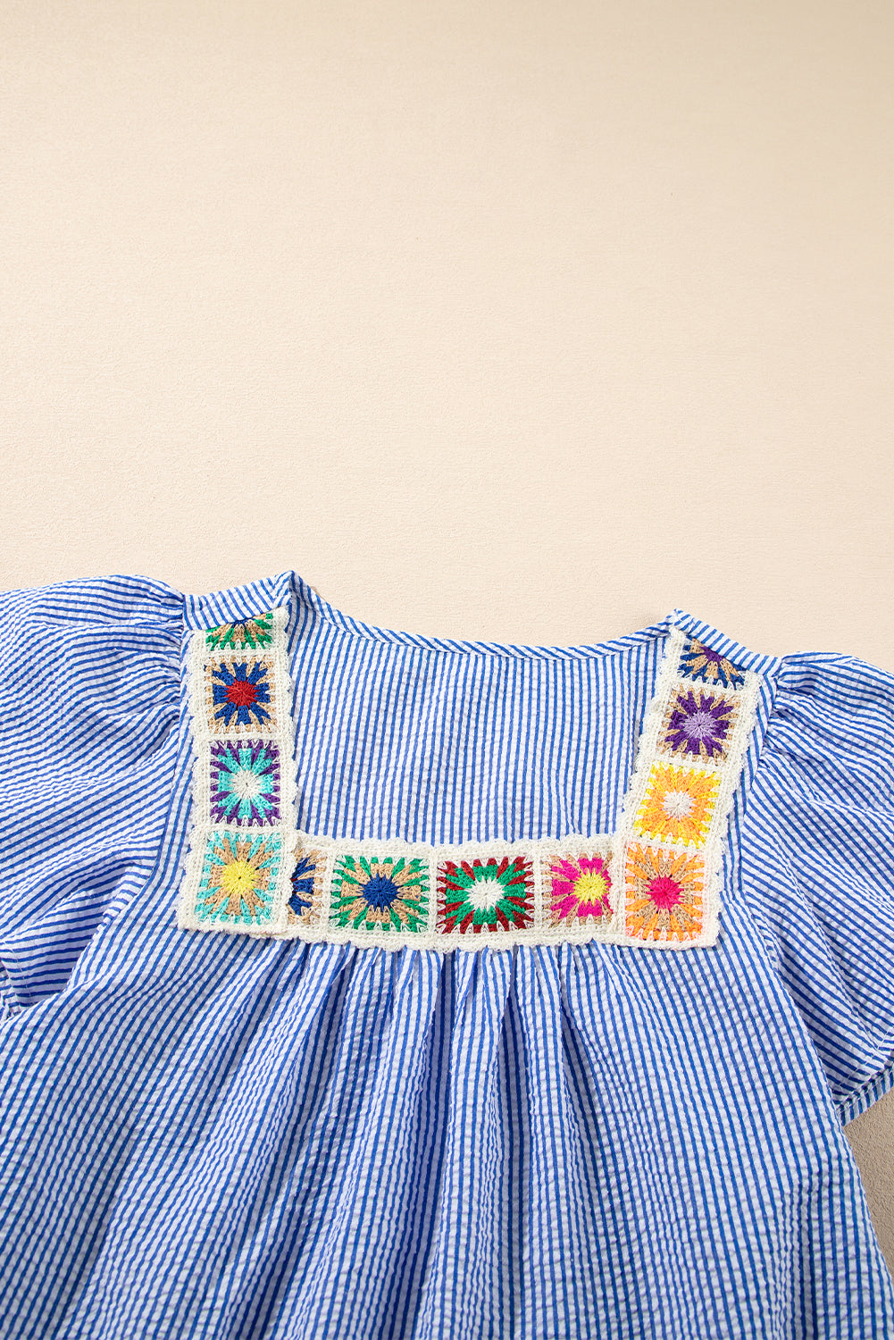 Stripe Textured Ruffle Square Neck Blouse