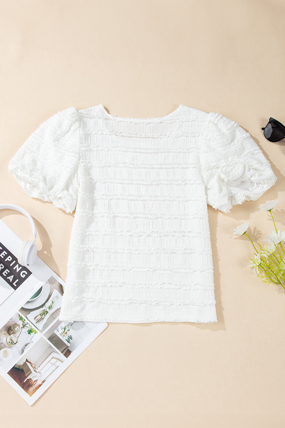 Luella Frilled Lace Trim Bubble Sleeve Blouse