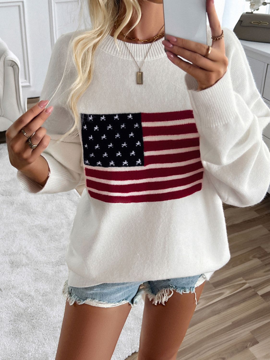 First Love Full Size USA Flag Drop Shoulder Knit Top