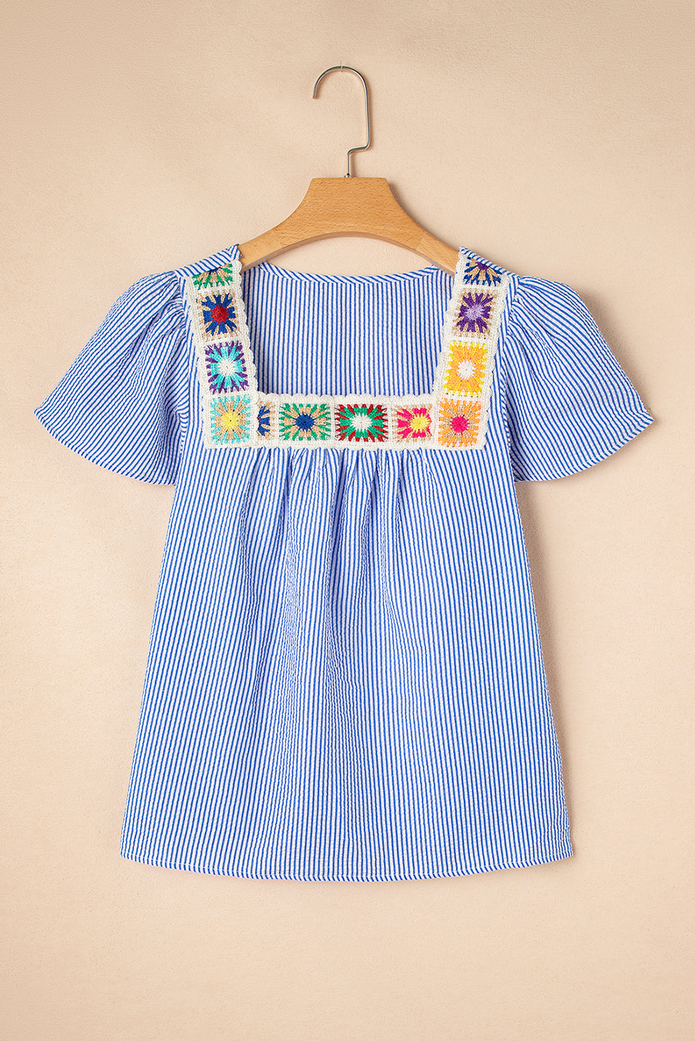 Stripe Textured Ruffle Square Neck Blouse