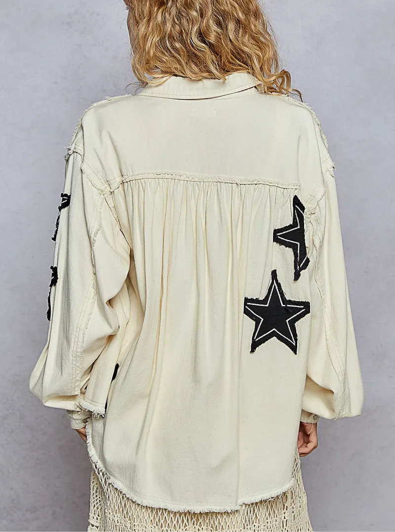 Star Patch Raw Hem Button Up Denim Jacket