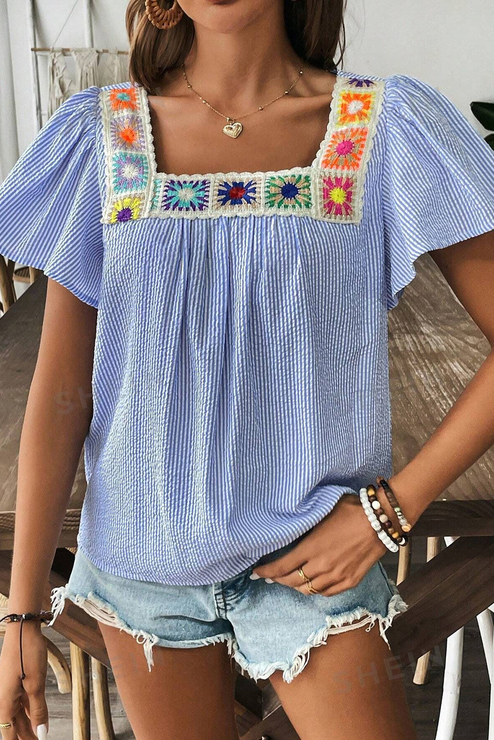 Stripe Textured Ruffle Square Neck Blouse