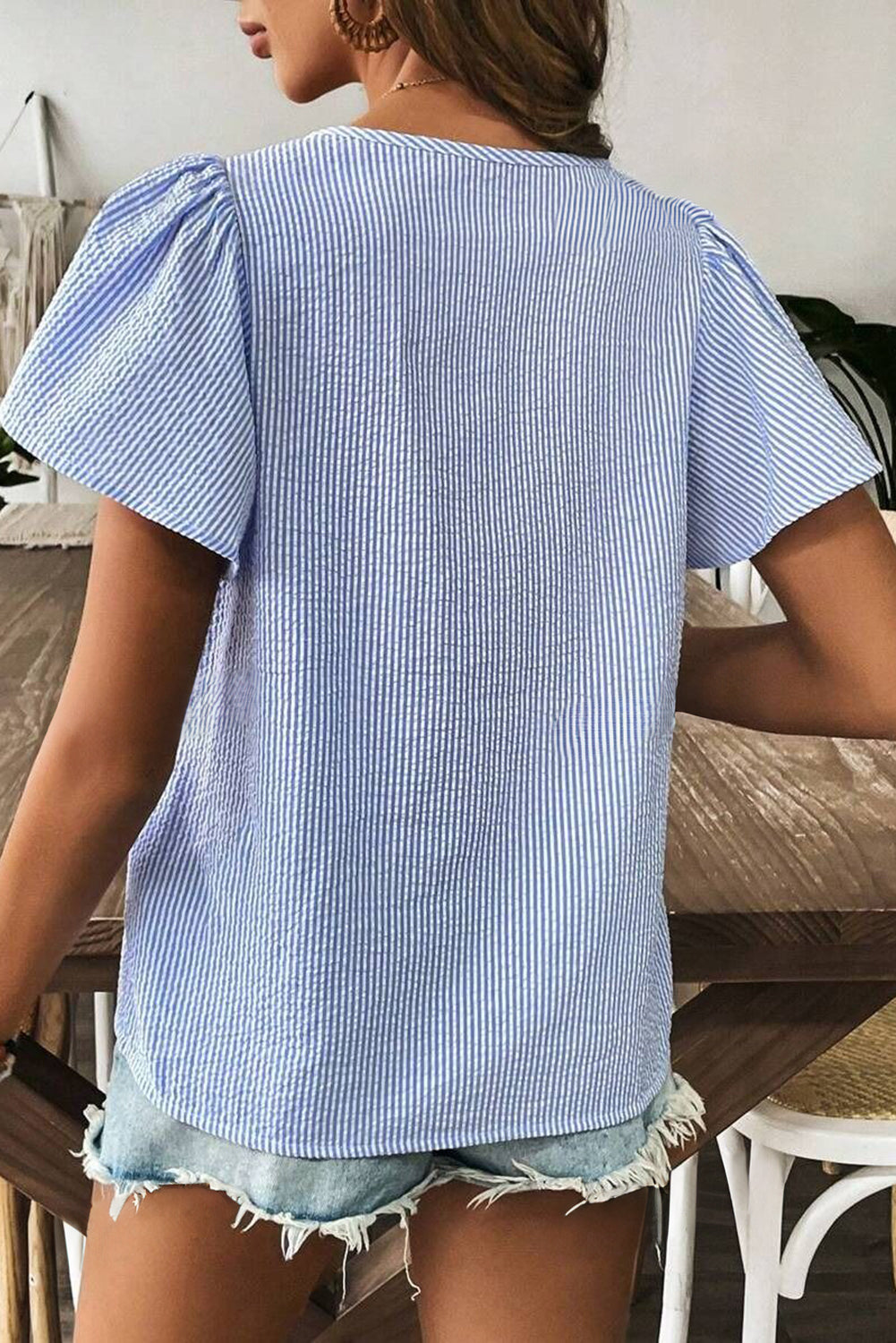 Stripe Textured Ruffle Square Neck Blouse