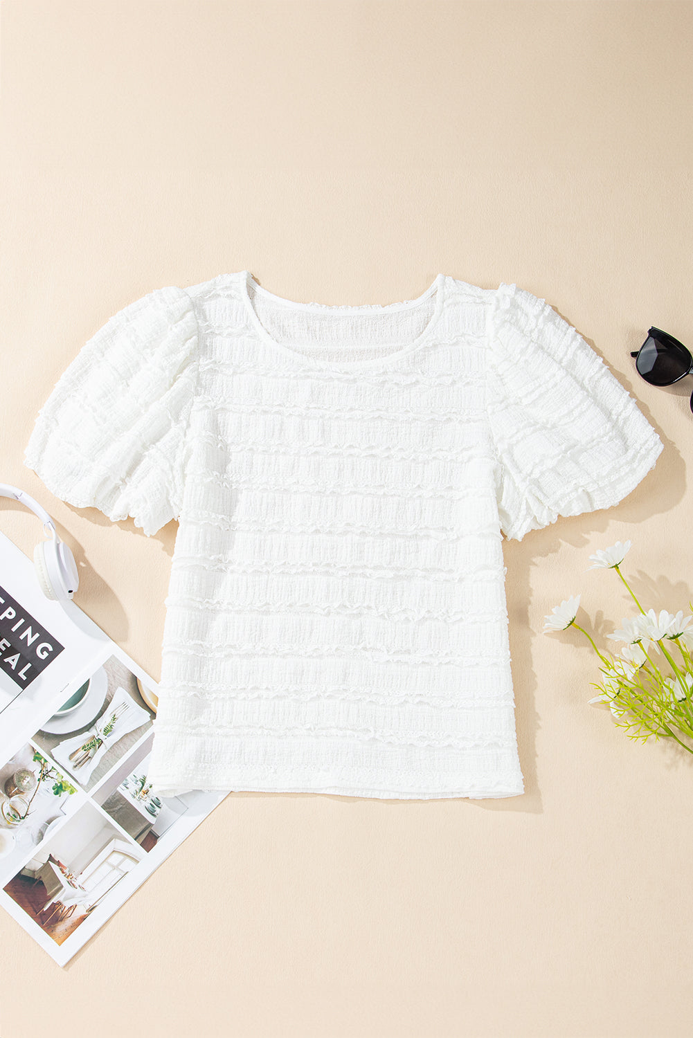Luella Frilled Lace Trim Bubble Sleeve Blouse