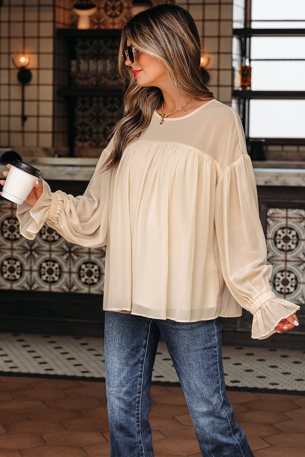 Mayaevi Sleeve Chiffon Blouse Long Sleeve Top