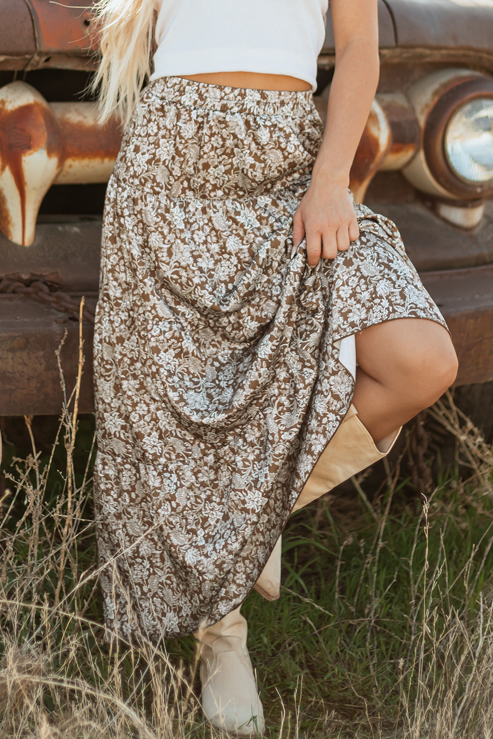 Cadence Western Floral Print Ruffled Hem Maxi Skirt