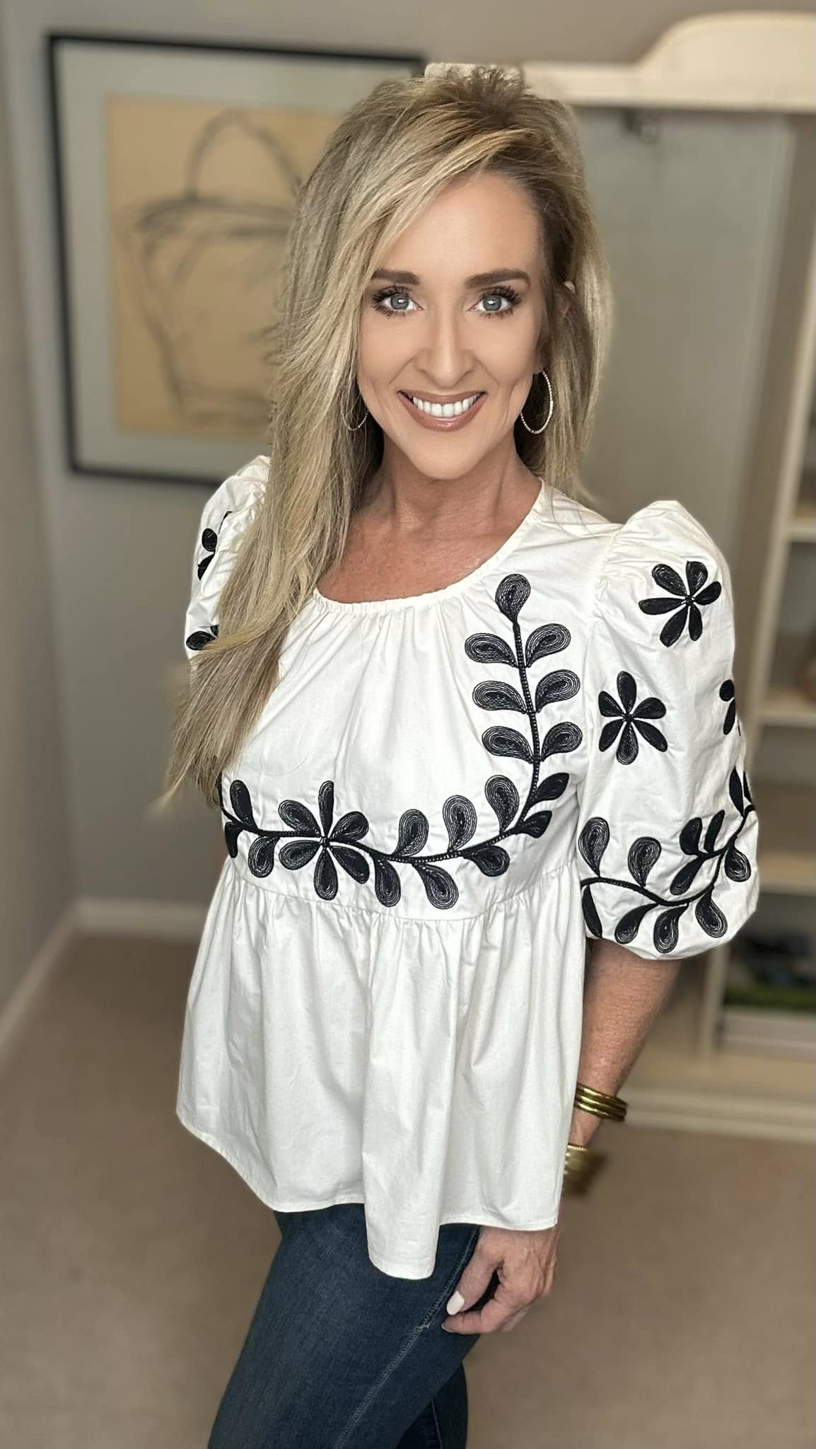 SAGE+FIG Puff-Sleeve Embroidered Peplum Blouse