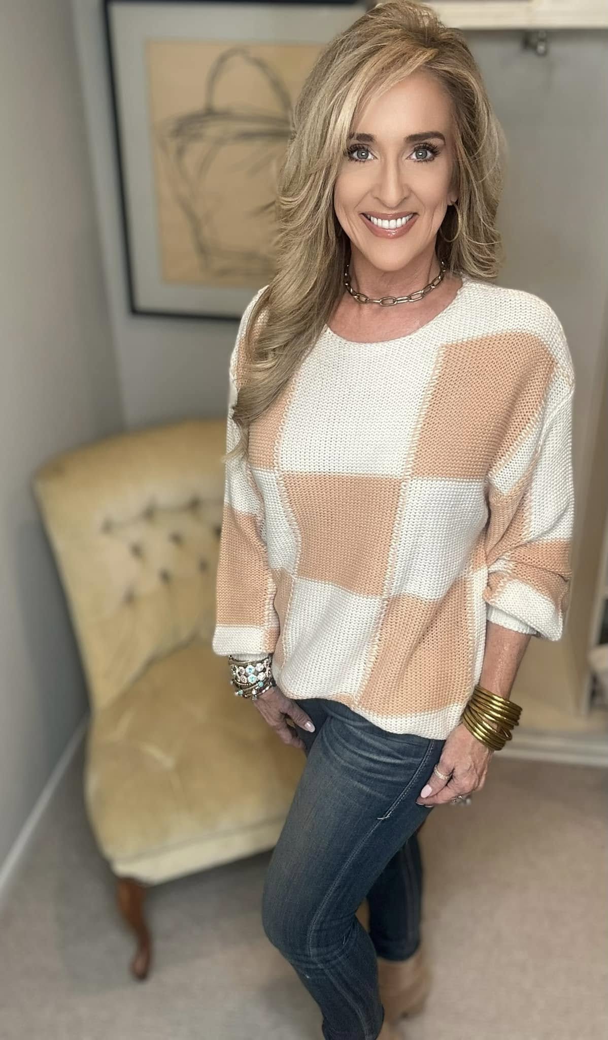 Checkered Round Neck Drop Shoulder Sweater