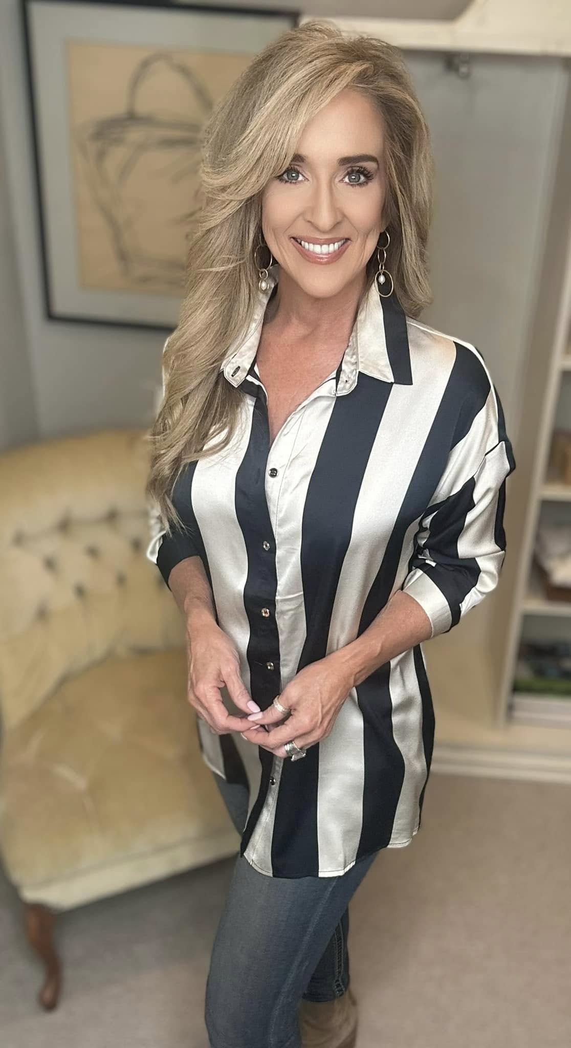 Annie Wear Striped Dropped Shoulder Button Up Shirt