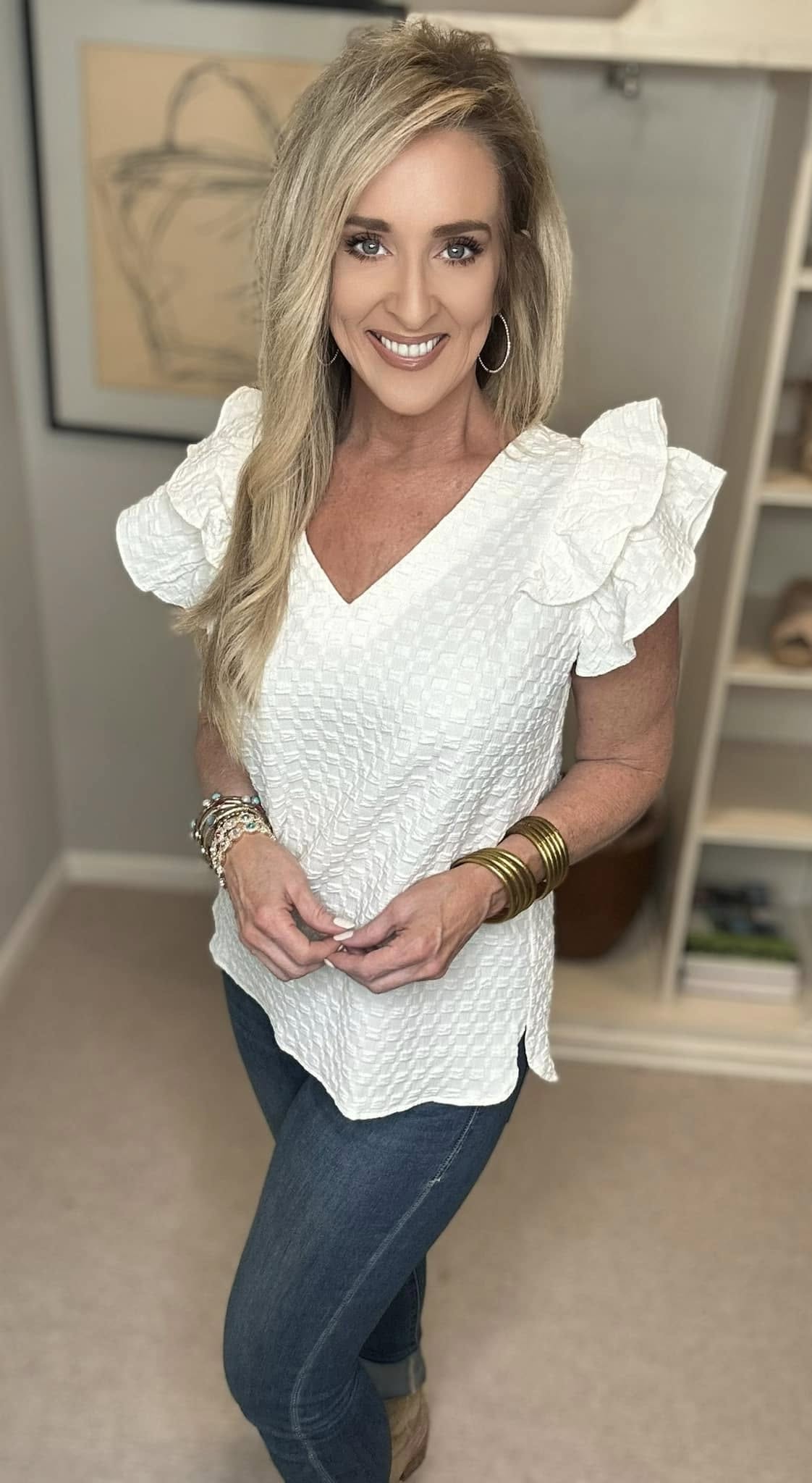 Umgee Full Size Textured Jacquard V-Neck Ruffle Cap Sleeve Blouse Plus Size