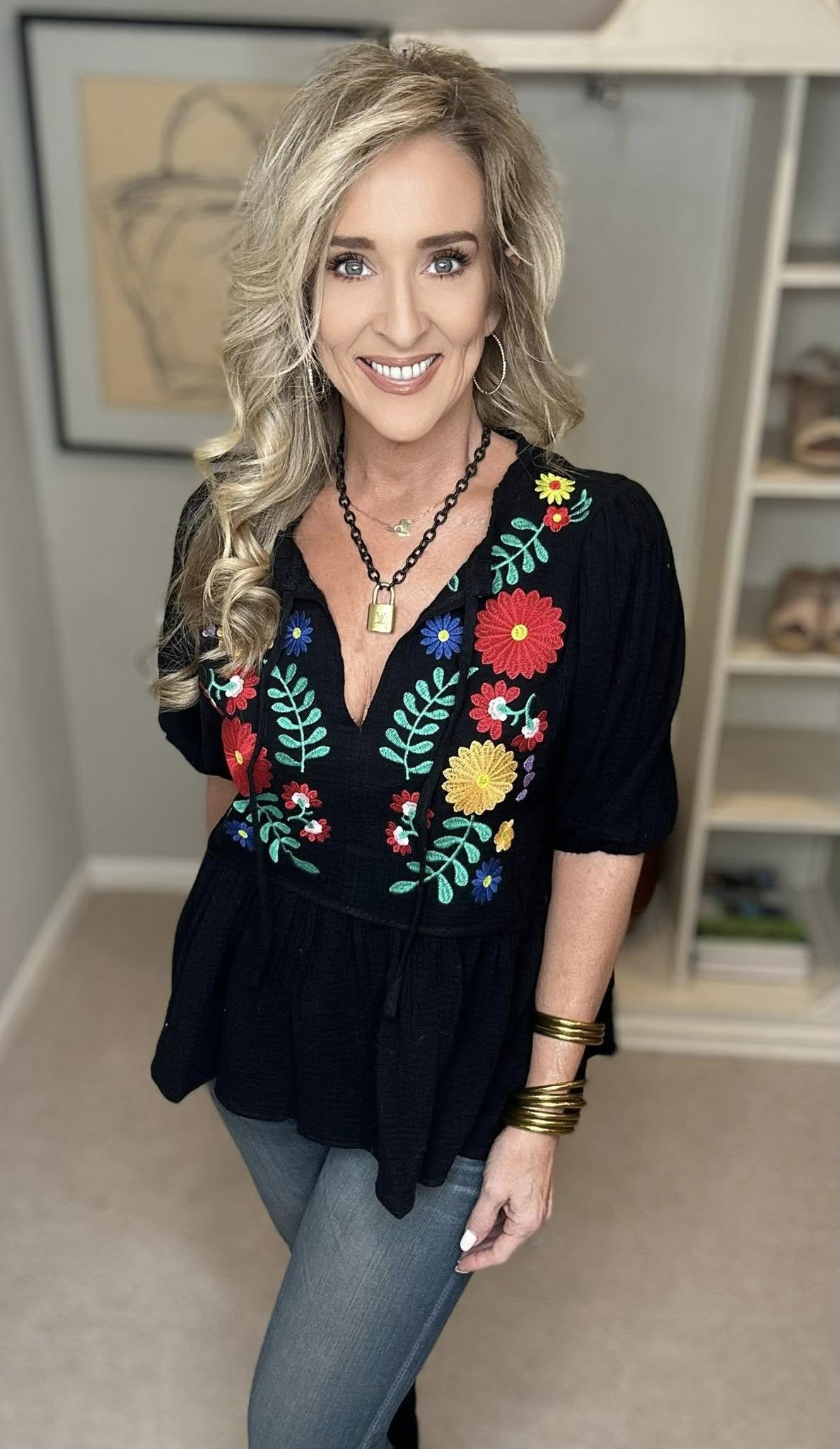 Cotton Gauze Floral Embroidery Babydoll Blouse Plus Size