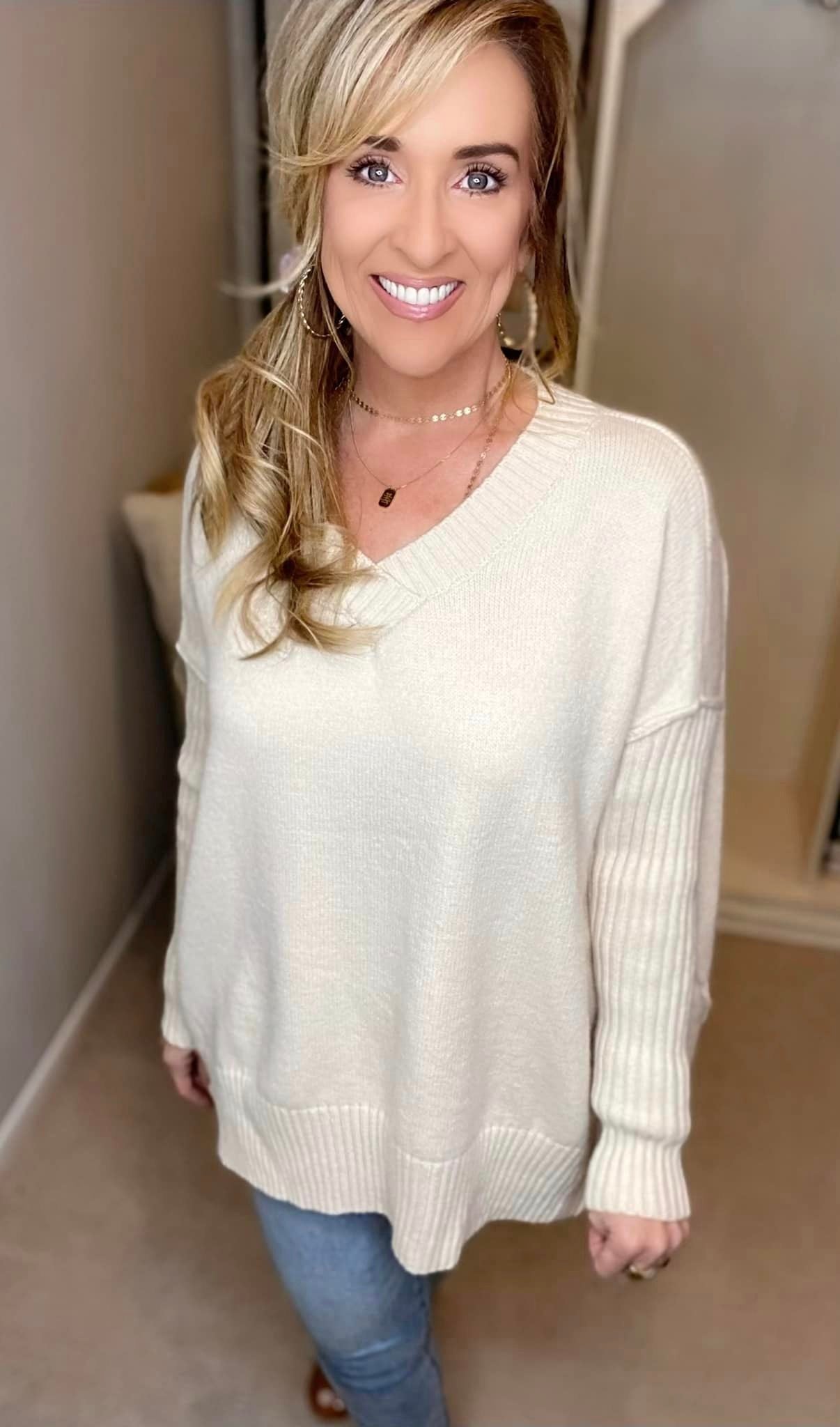 V-Neck Dropped Shoulder Ribbed Long Sleeve Sweater
