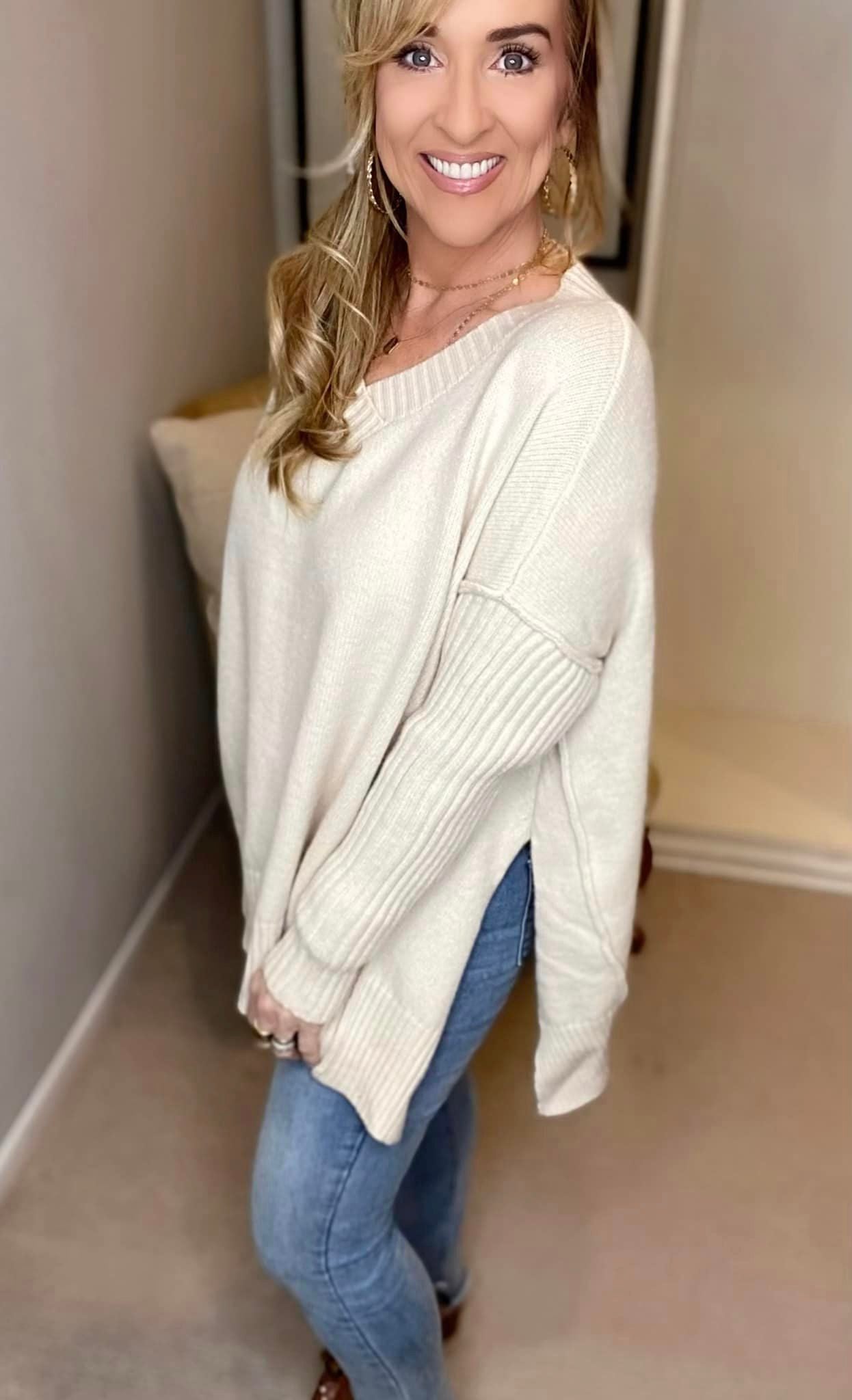V-Neck Dropped Shoulder Ribbed Long Sleeve Sweater