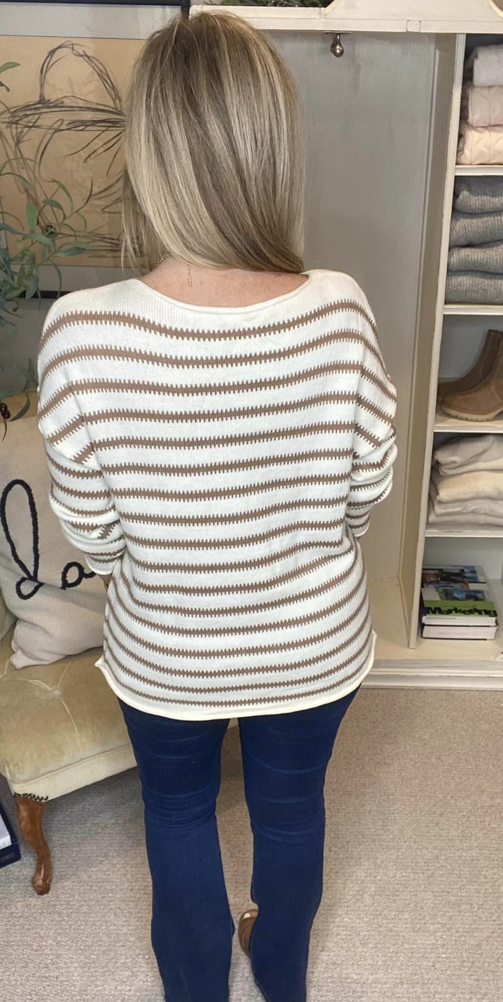 Boat Neck Long Sleeve Striped Sweater