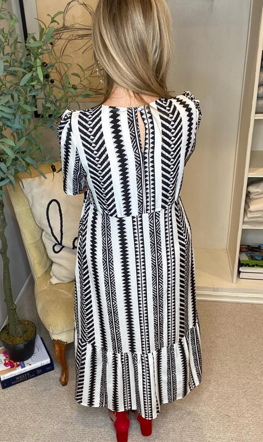 Striped Tie Belt Round Neck Puff Sleeve Dress