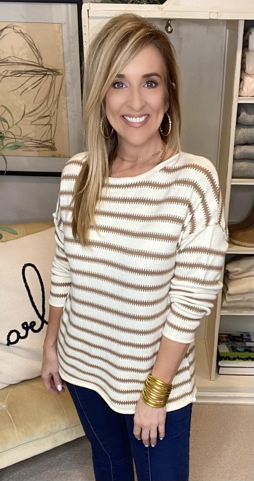 Boat Neck Long Sleeve Striped Sweater