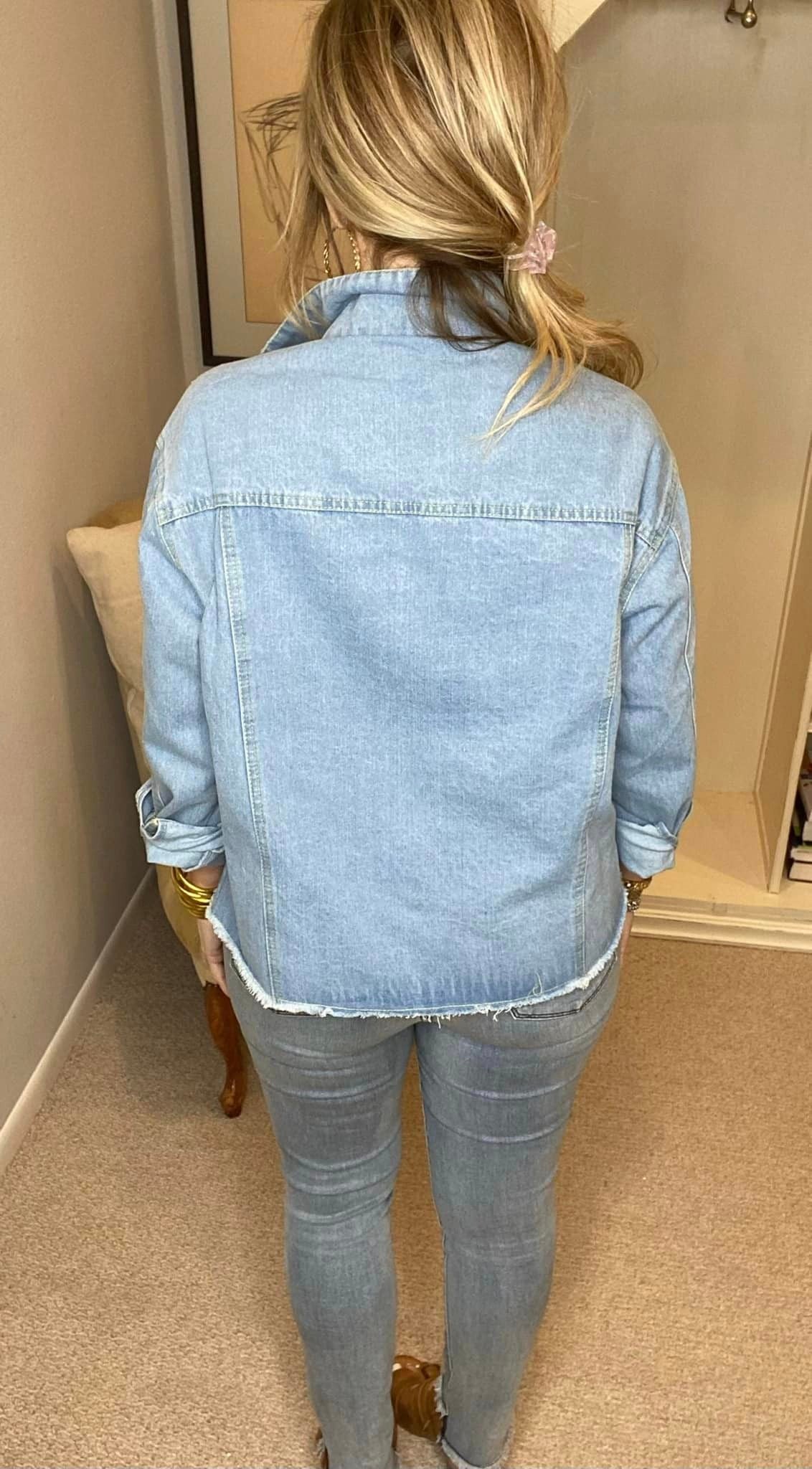 Double Take Dropped Shoulder Raw Hem Denim Jacket