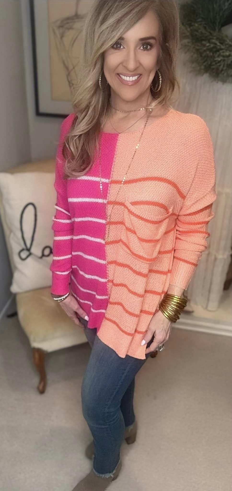 Striped Pocketed Dropper Shoulder Sweater