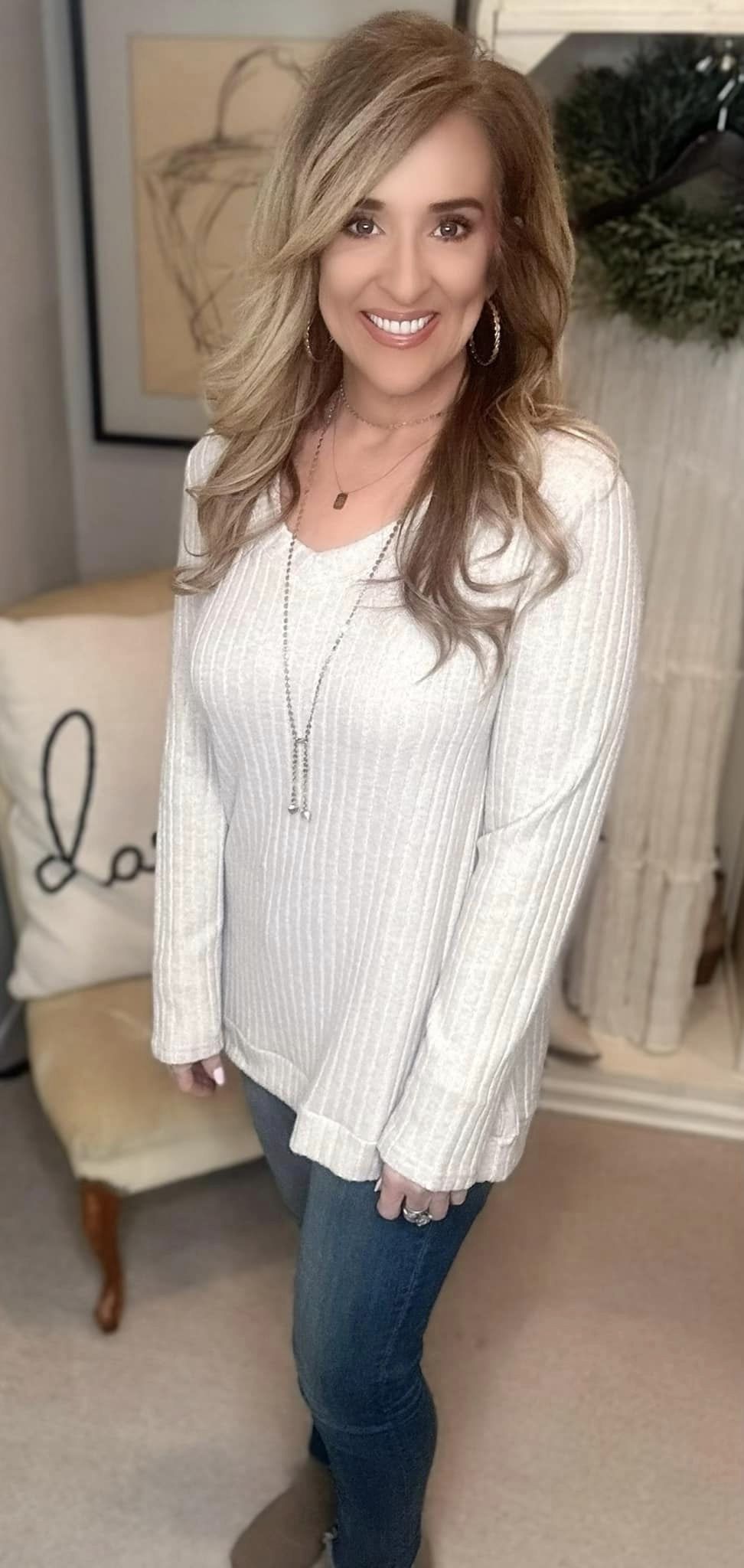 Ribbed V-Neck Long Sleeve Tee