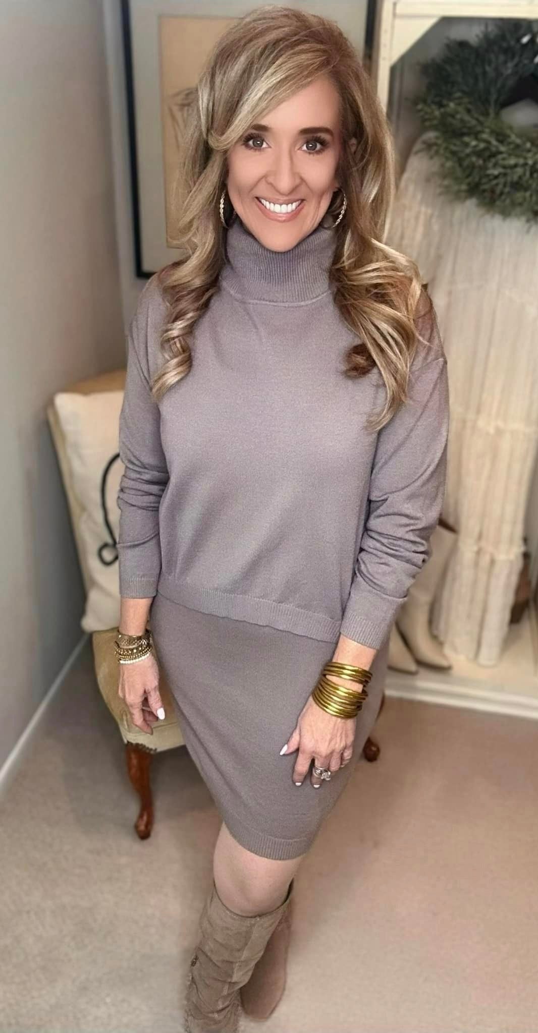 Turtleneck Dropped Shoulder Sweater and Midi Dress Sweater Set