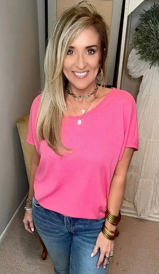Big Sky Country Waffle Knit Top In Hot Pink